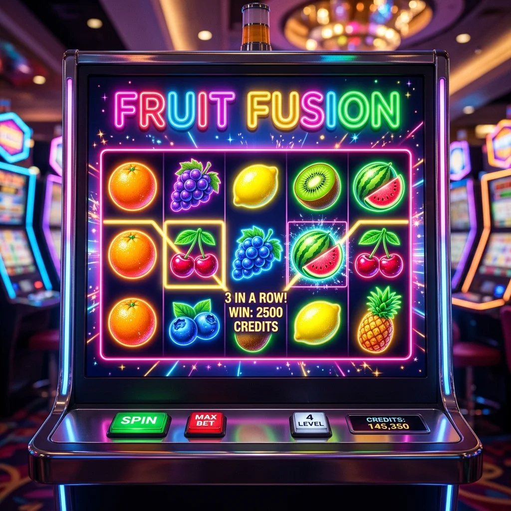 Permainan slot Fruit Fiesta dengan buah-buahan segar dan efek neon yang penuh warna