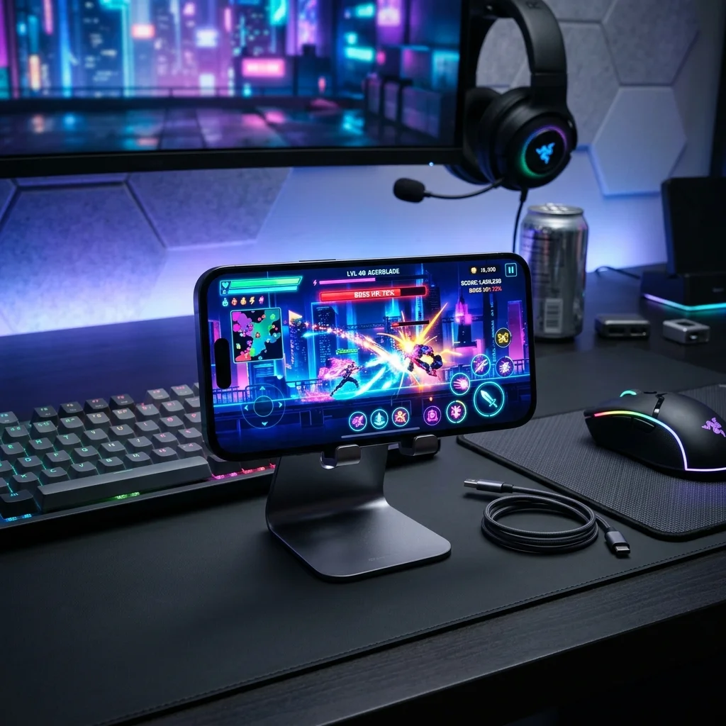 Smartphone menampilkan antarmuka game digital bercahaya
