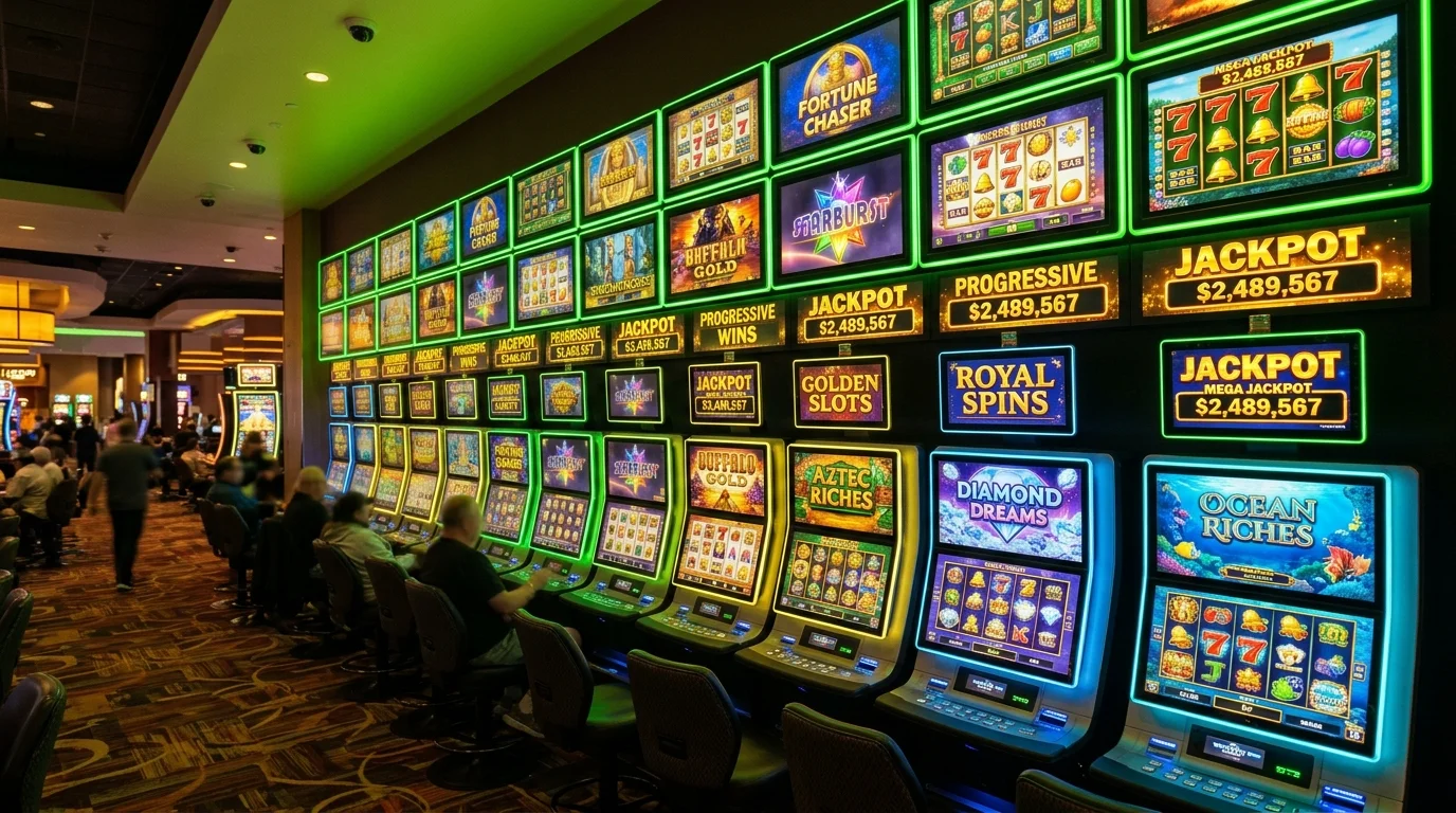 Beragam permainan slot online berwarna cerah di dinding kasino citrabet77