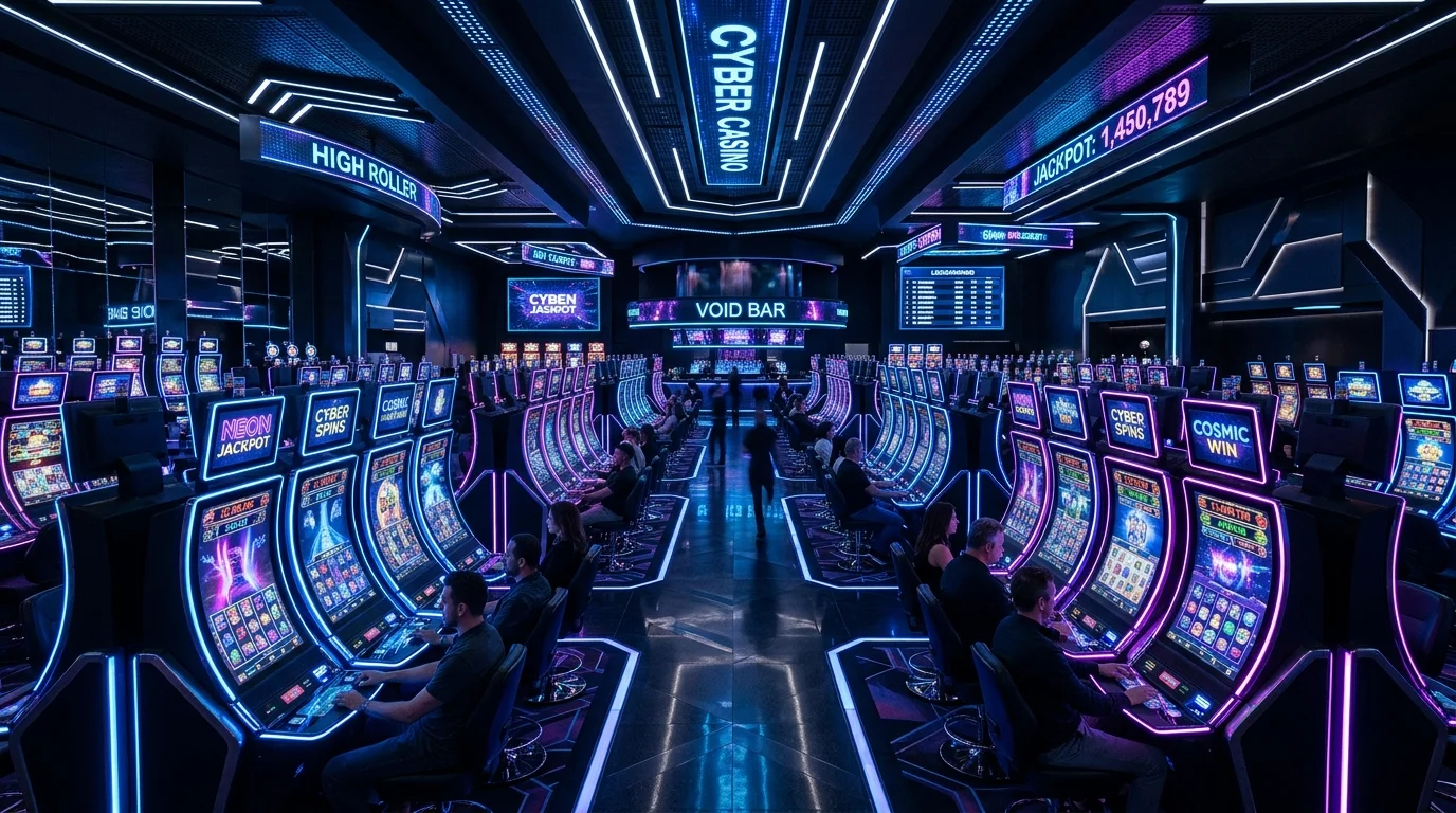 Lobby kasino online futuristik dengan mesin slot bercahaya neon di sabana88