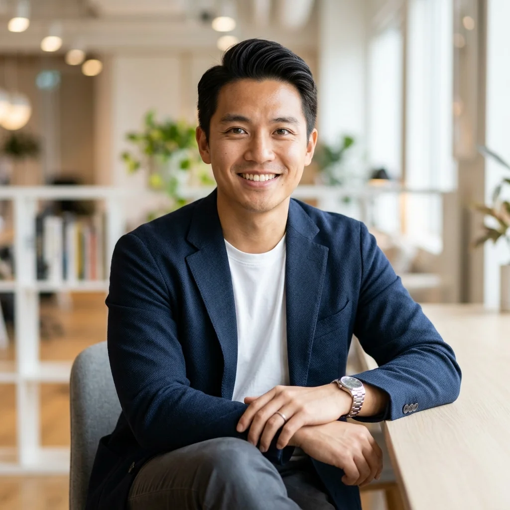 Foto profesional pria Asia muda dengan pakaian smart casual, senyum ramah