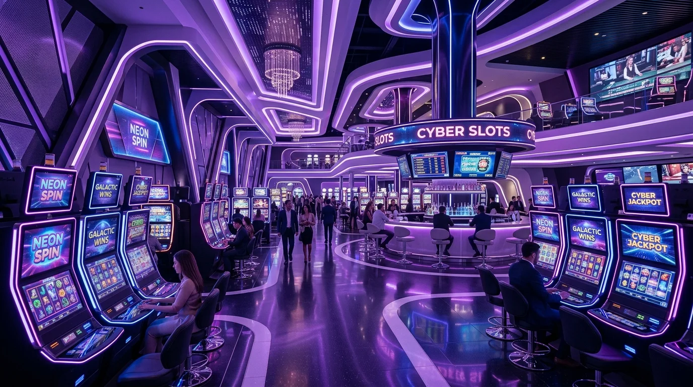 Lobi kasino online futuristik dengan mesin slot bercahaya ungu