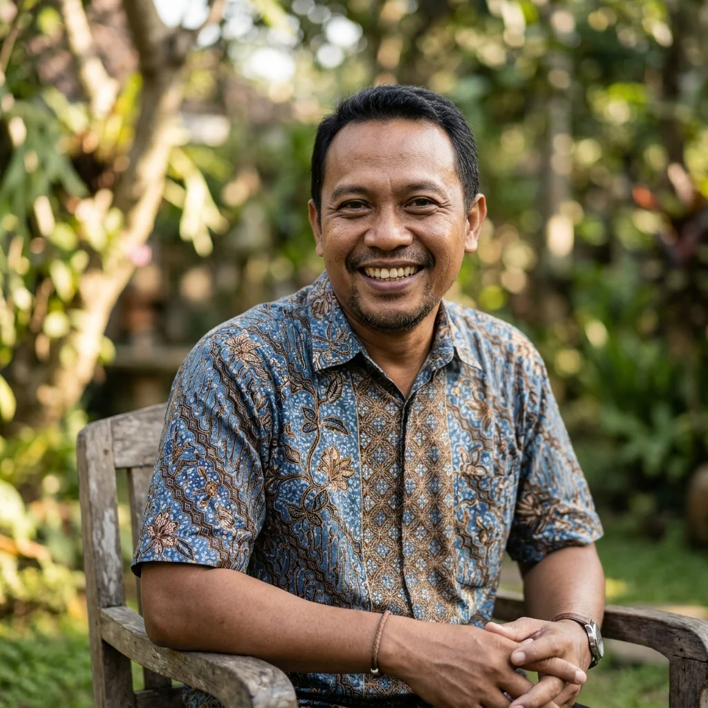Foto testimoni member MBAH189 - pria tersenyum menggunakan baju batik