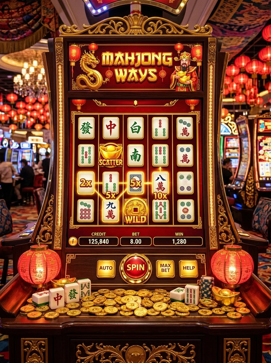 Permainan slot Mahjong Ways dengan tema Asia, koin emas dan lampion merah