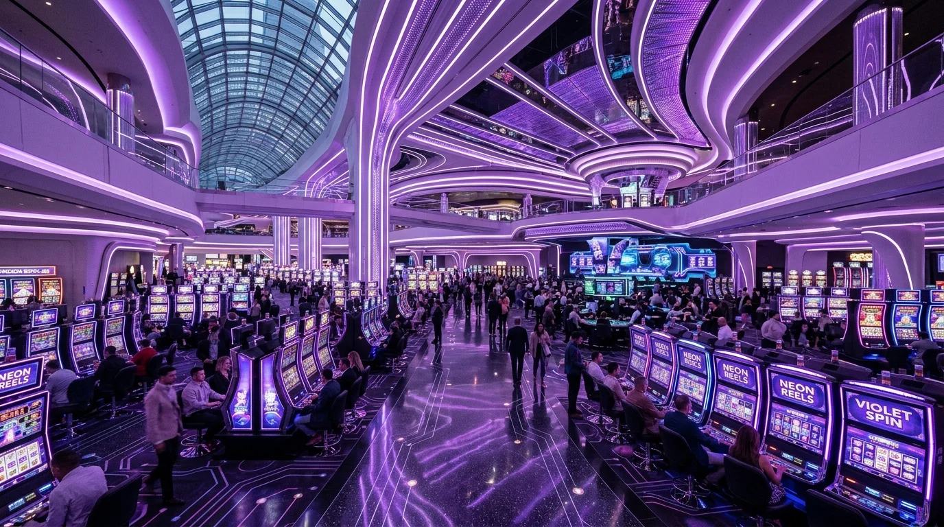 Lantai kasino futuristik dengan deretan mesin slot bercahaya