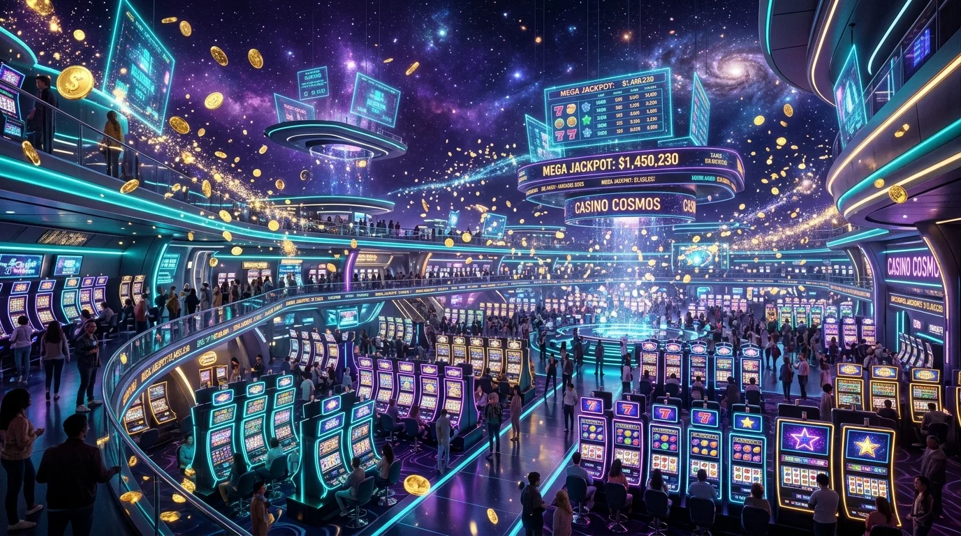 Suasana kasino online SABAT88 dengan mesin slot neon futuristik