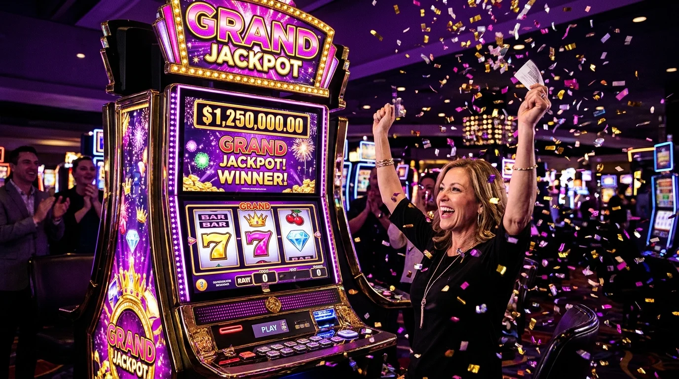 Mesin slot jackpot besar dengan simbol emas dan pink