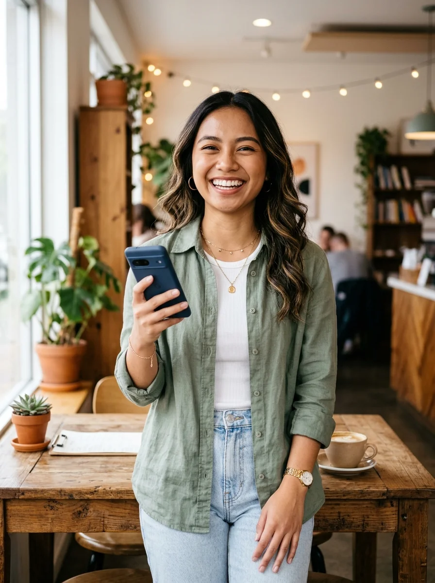 Pemain bunga189 tersenyum bahagia sambil memegang smartphone setelah meraih kemenangan