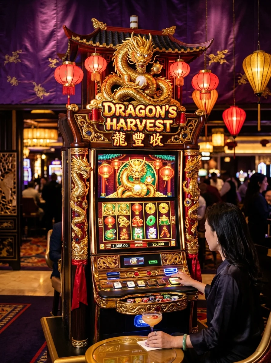 Mesin slot bertema Asia elegan dengan lampion merah dan ornamen naga emas