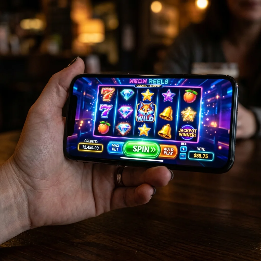 Tangan memegang ponsel yang menampilkan antarmuka game slot seluler berwarna cerah dari lele189