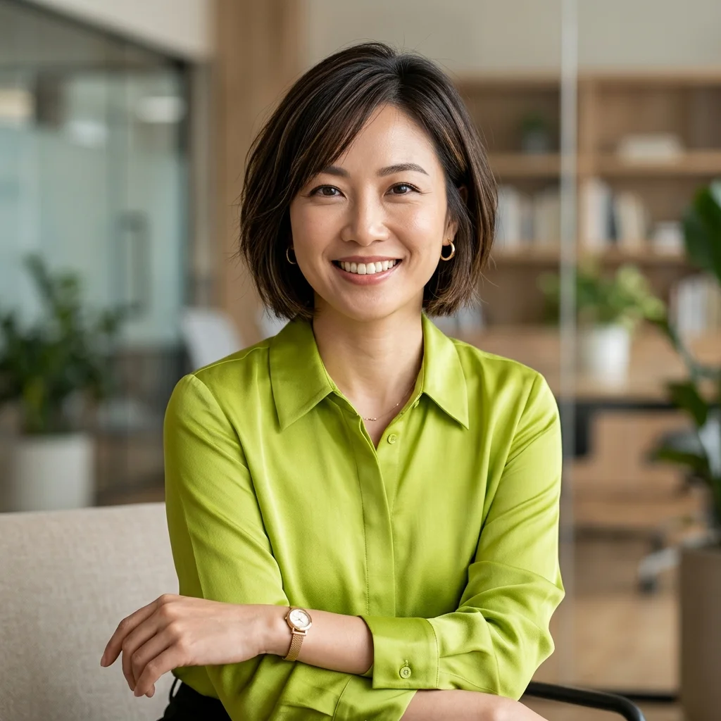Foto profesional wanita Asia dengan gaya modern, kemeja hijau lime, senyum hangat