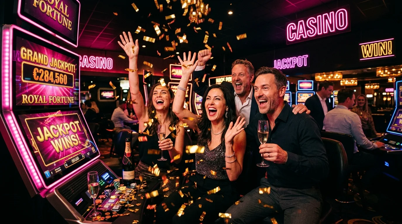 Para pemain kasino merayakan kemenangan jackpot dengan konfeti emas