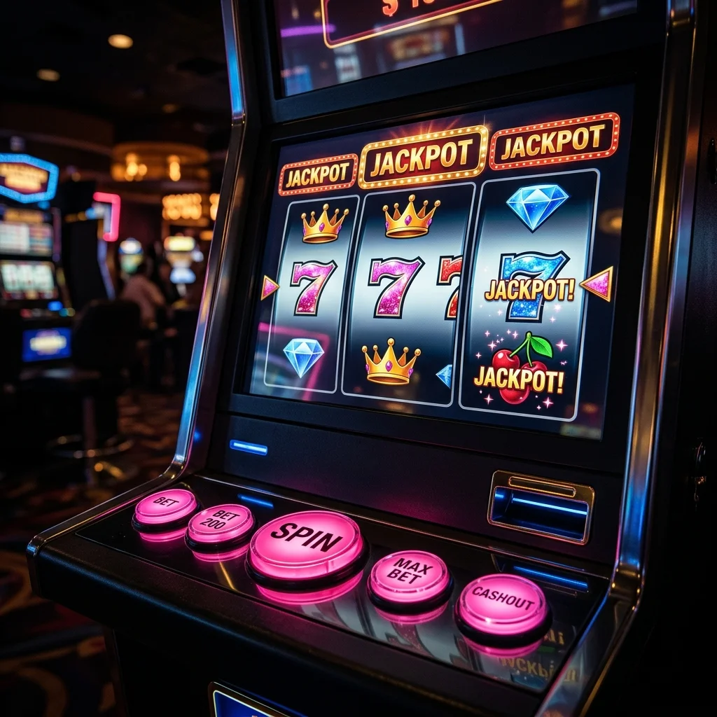Mesin slot modern dengan tombol neon rose pink yang menyala