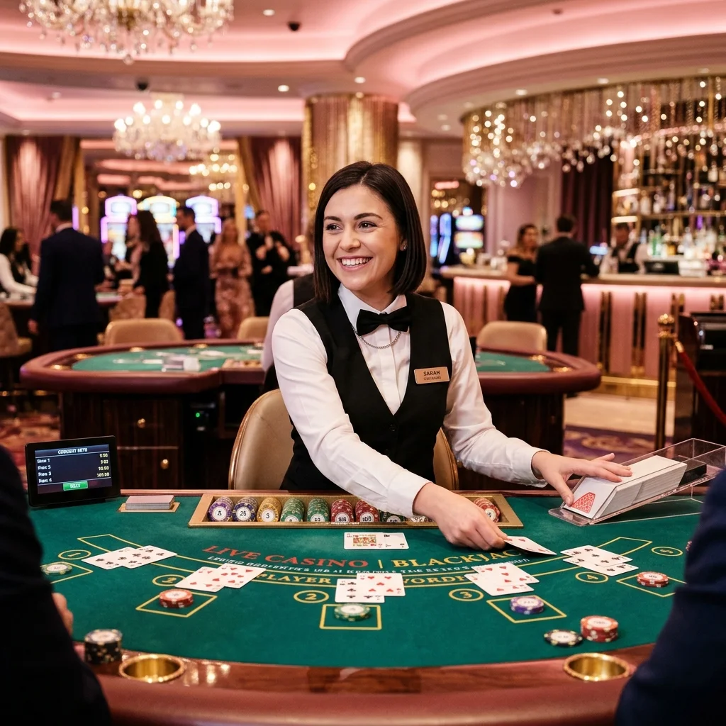 Dealer live casino profesional tersenyum ramah di meja permainan dengan pencahayaan elegan