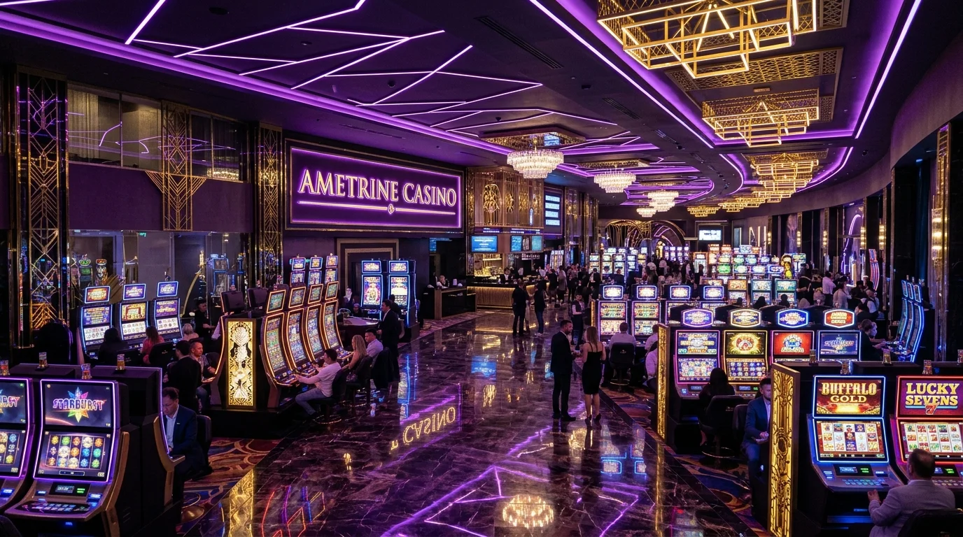 Lobi kasino online mewah dengan mesin slot berwarna ungu dan emas