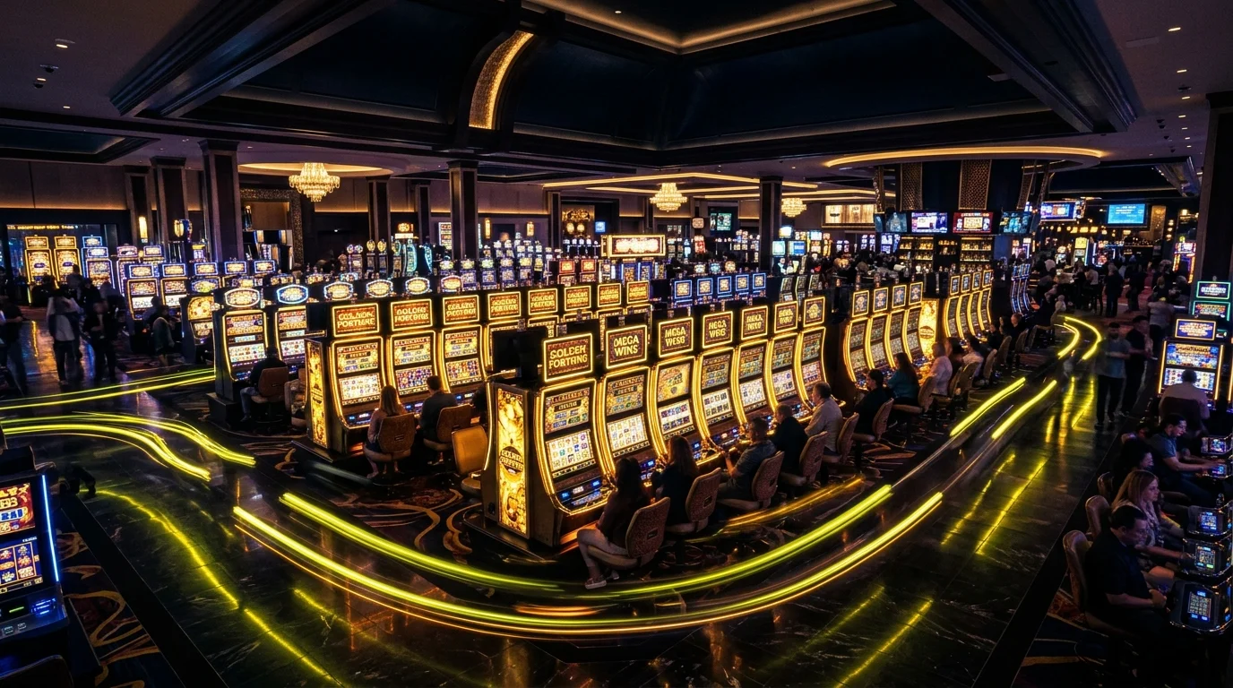 Lobby kasino online jhon77 dengan deretan mesin slot bercahaya neon kuning