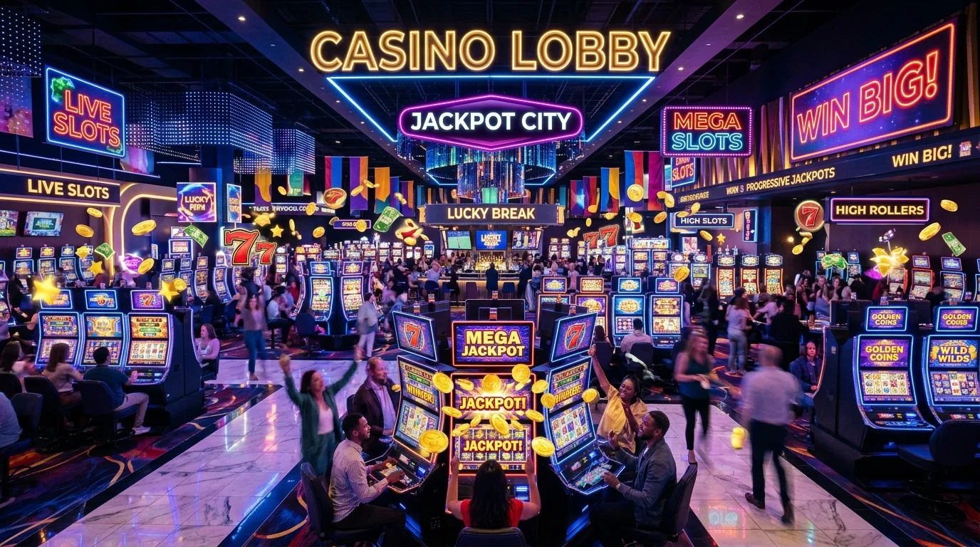 Lobi kasino slot online dahlia19 dengan mesin slot berwarna-warni dan lampu neon