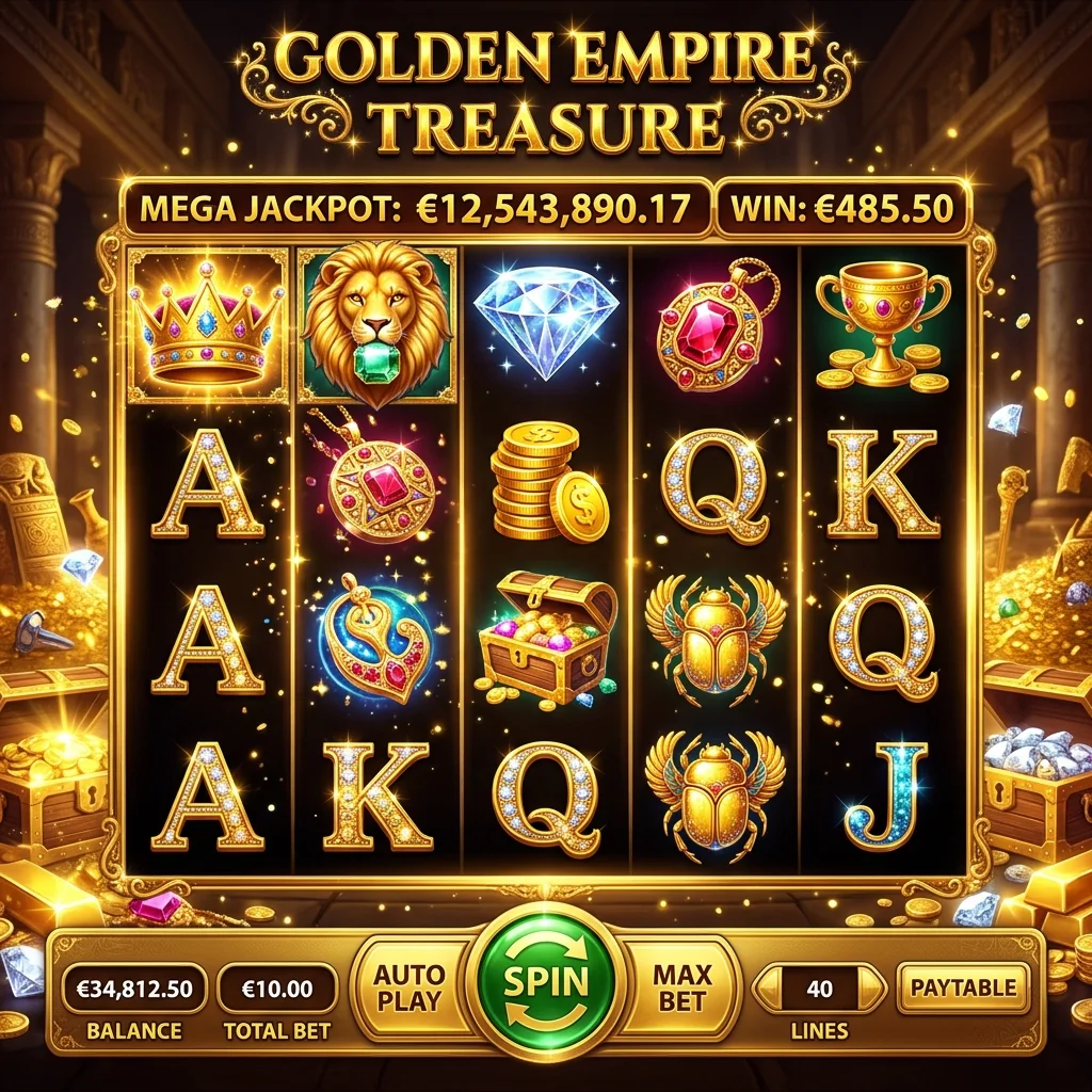 Permainan slot Golden Fortune dengan tema harta karun emas dan permata berkilau