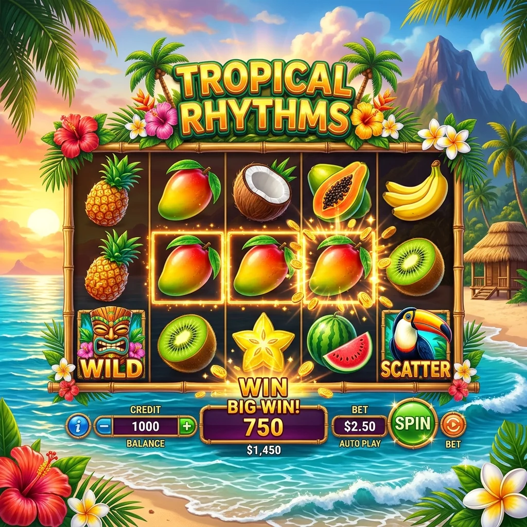 Produk IDN Slot bertema tropis dengan simbol buah