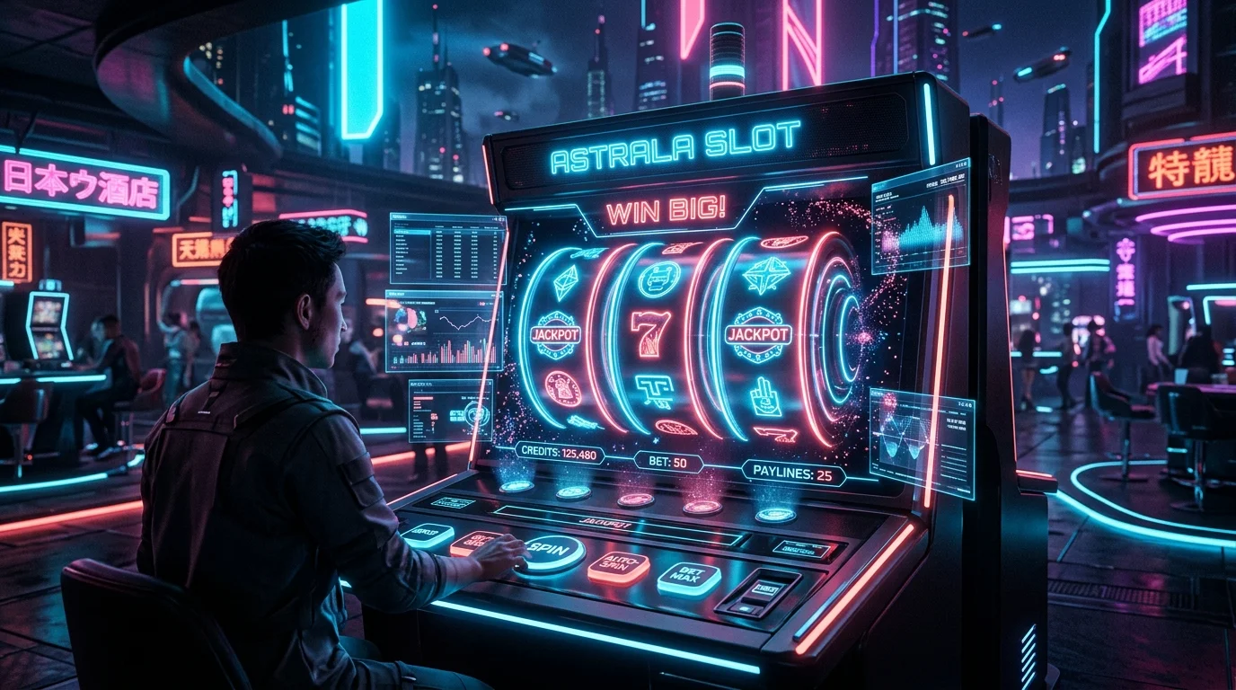 Antarmuka game digital futuristik AKAR189 dengan slot bercahaya