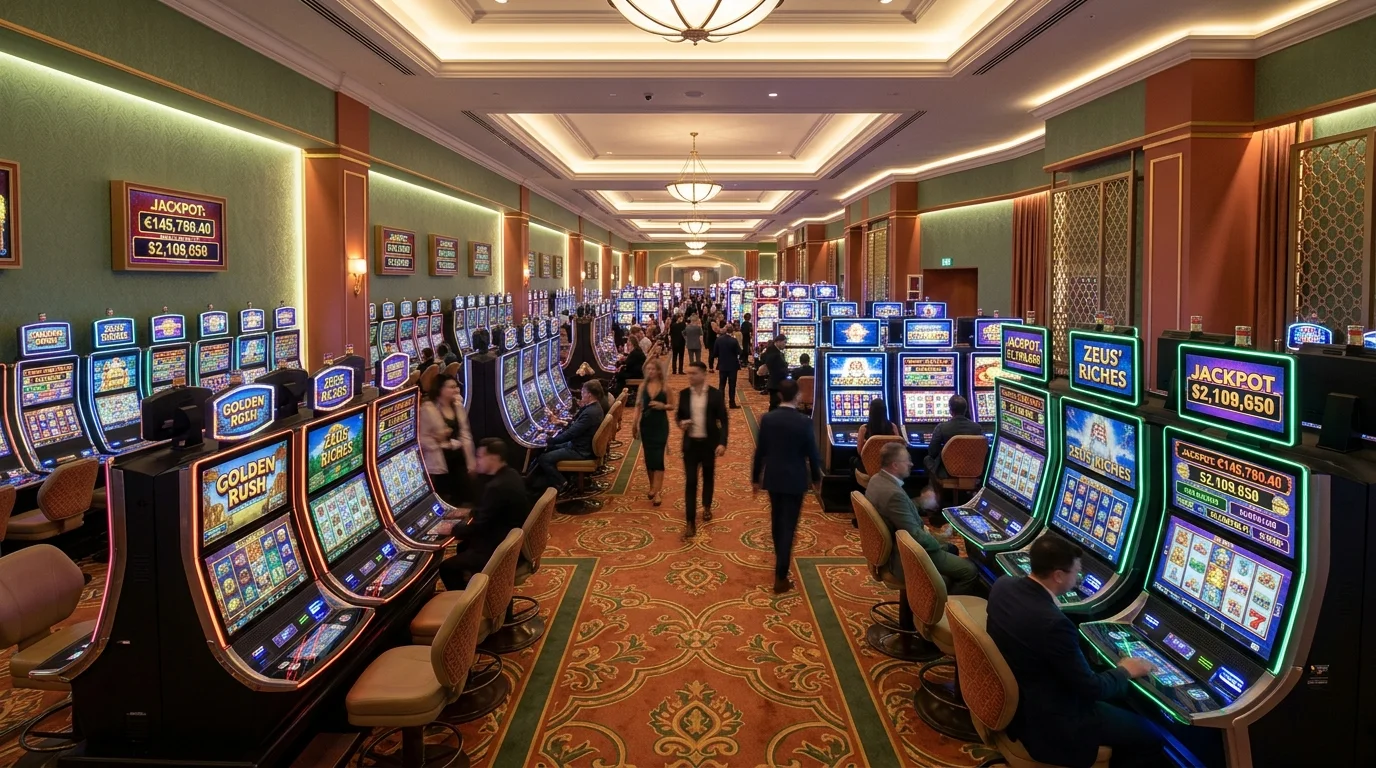 Interior kasino modern bigwin189 dengan deretan mesin slot berwarna-warni