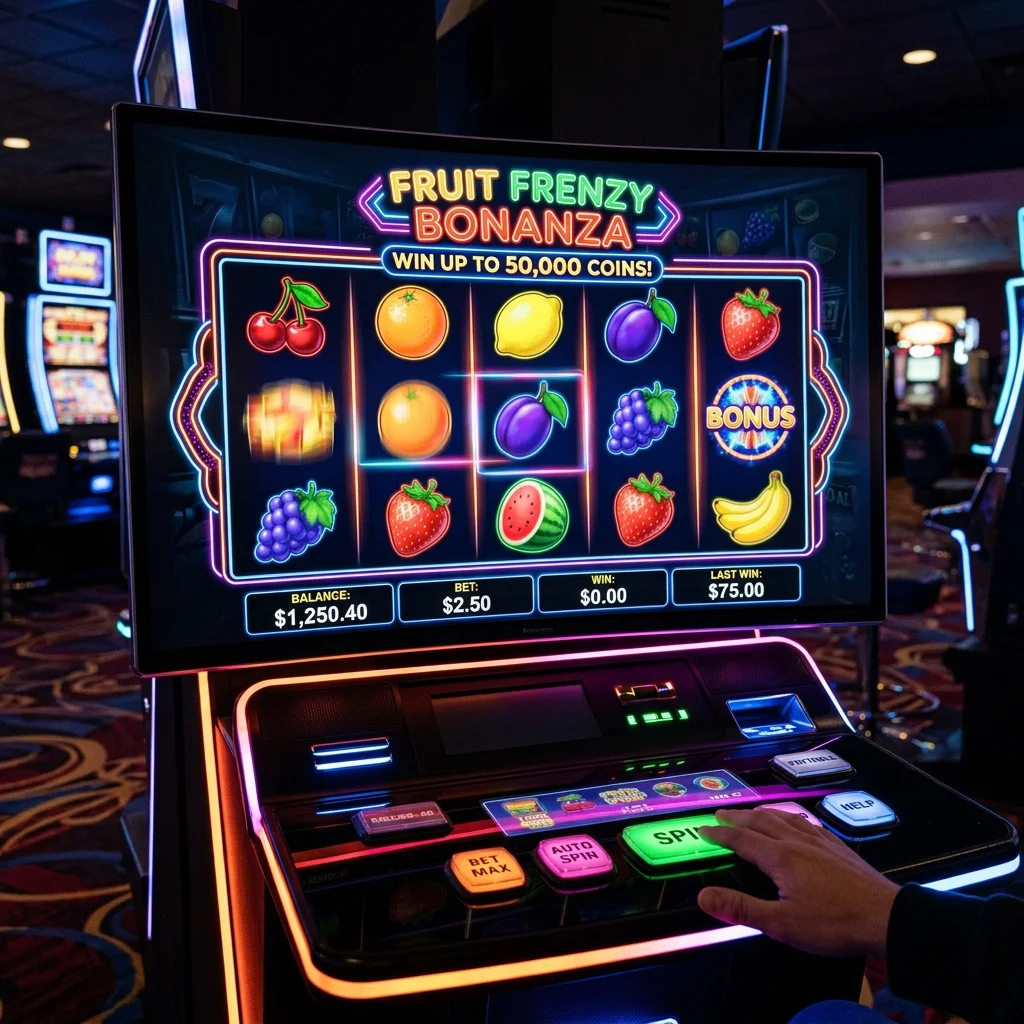 Permainan slot online dengan simbol buah berwarna-warni