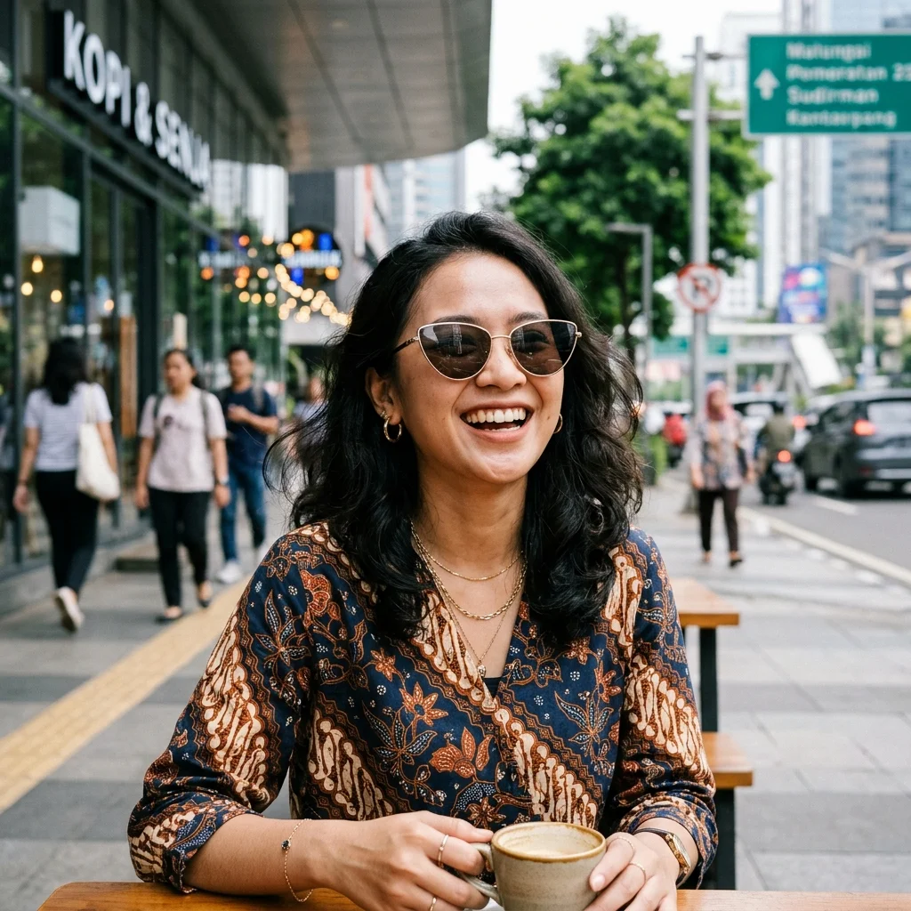 Foto testimoni member perempuan muda bergaya dengan kacamata