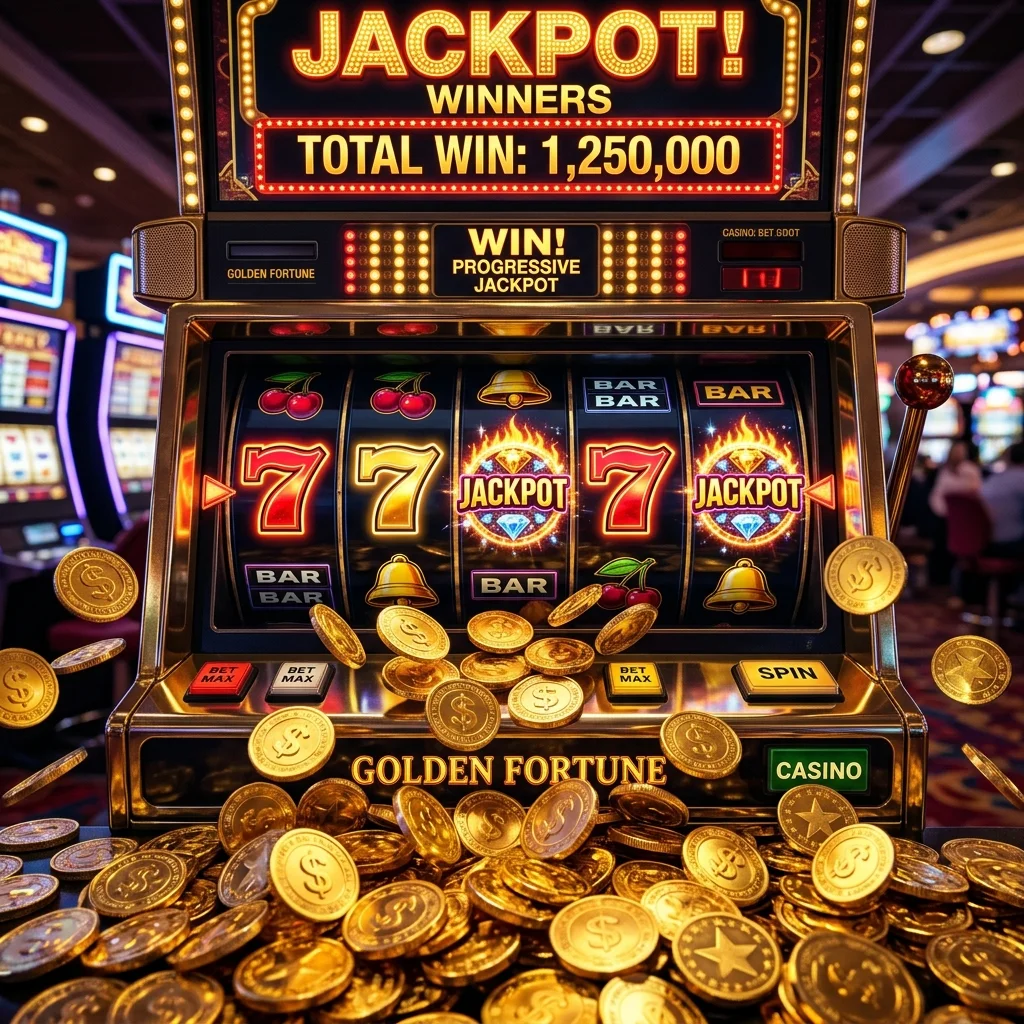 Koin emas dan simbol jackpot di mesin slot