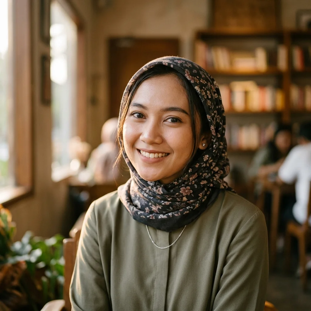 Foto testimoni member wanita berhijab tersenyum ramah