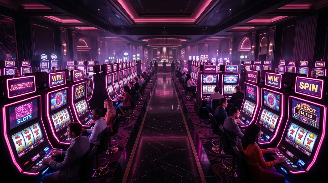 Lobi kasino online mewah dengan mesin slot neon rose pink yang bersinar
