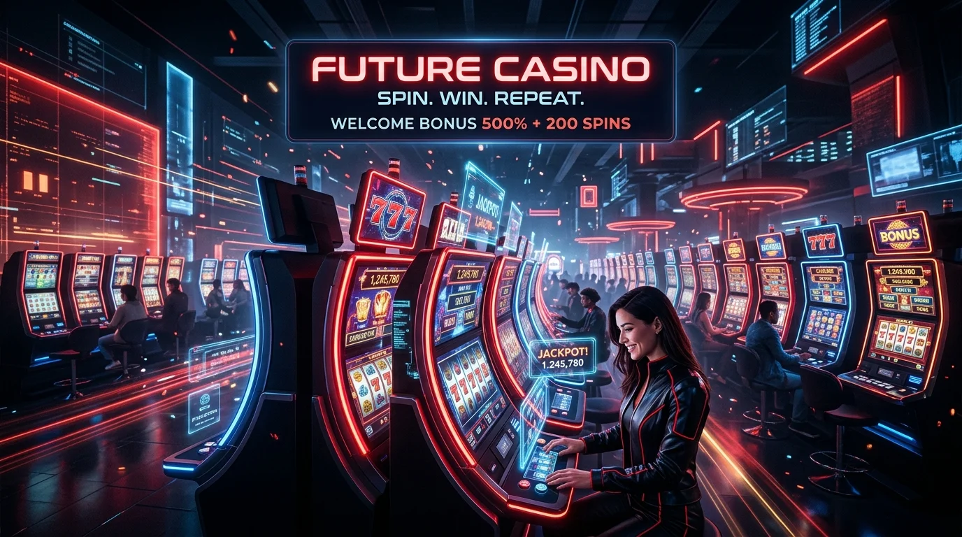 Suasana kasino online futuristik dengan mesin slot bercahaya merah