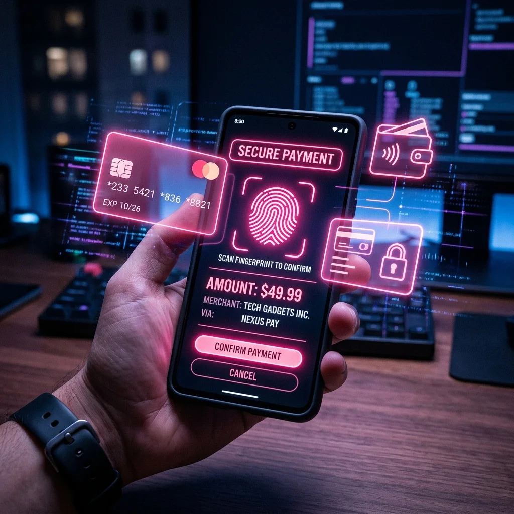 Smartphone menampilkan antarmuka pembayaran digital dengan efek neon rose pink