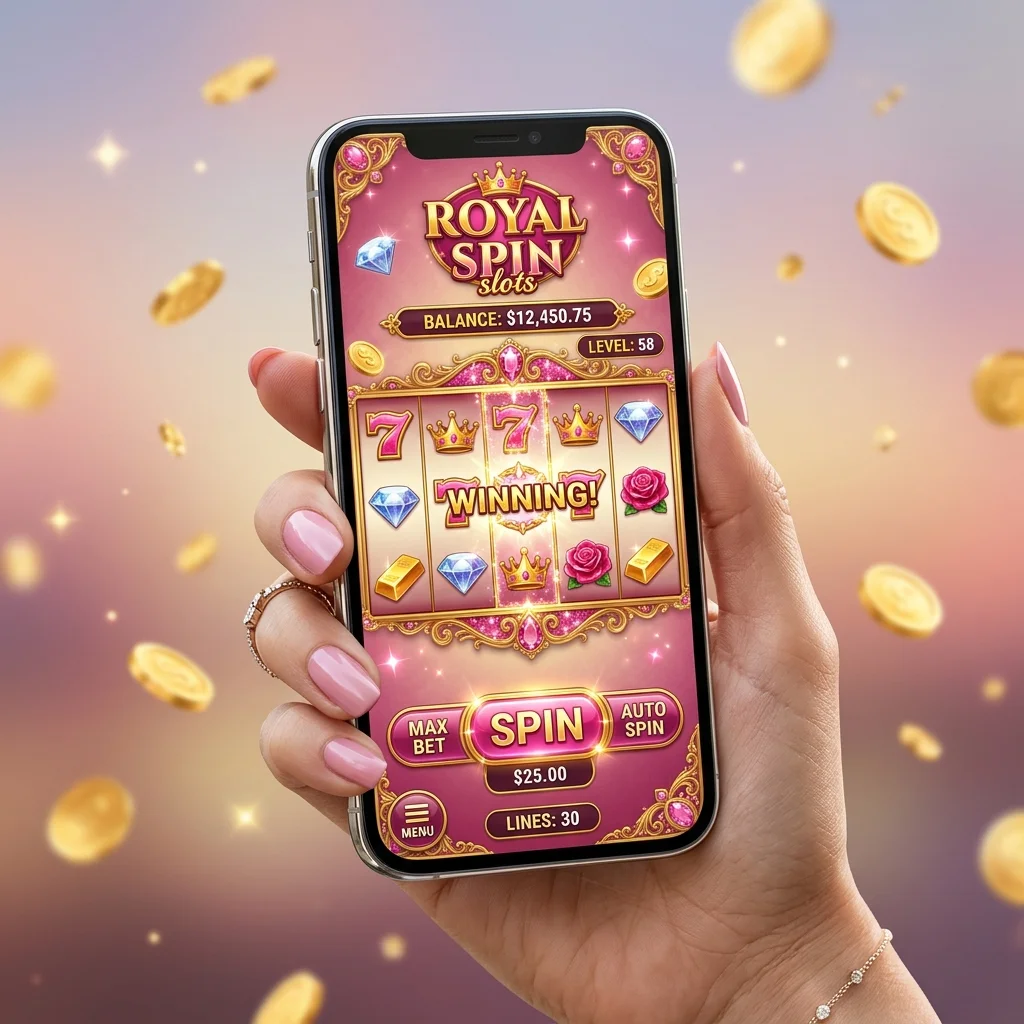 Aplikasi slot mobile laura77 dengan desain elegan pink dan emas