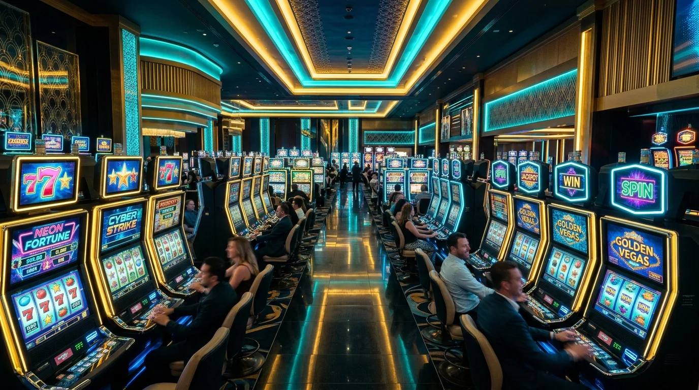 Suasana lobby kasino online lion8 dengan mesin slot modern berkilau
