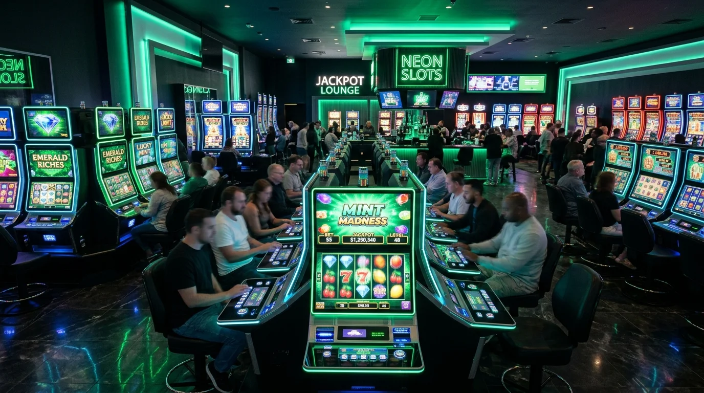 Lobby slot online MIKASA189 dengan nuansa lampu neon emerald dan mint