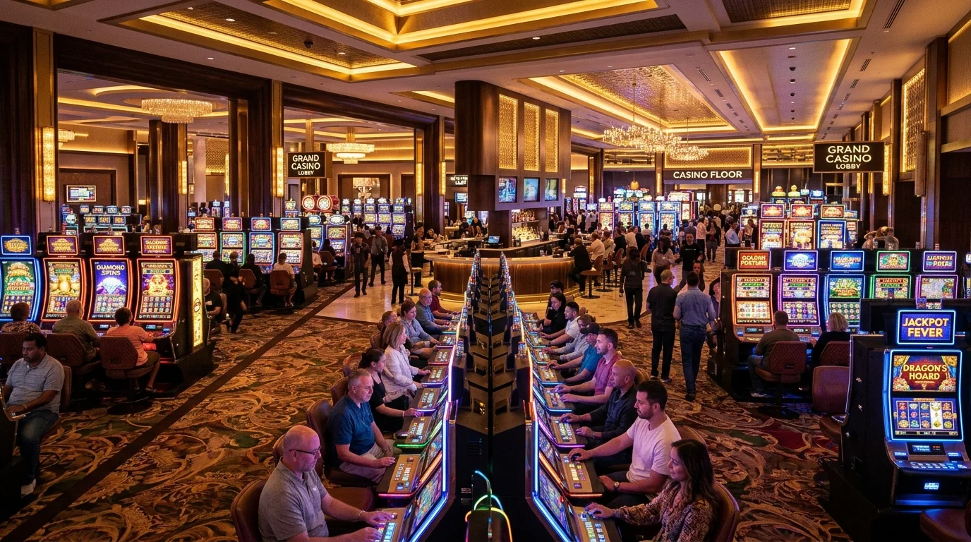 Suasana lobby kasino online preman189 dengan mesin slot yang menyala