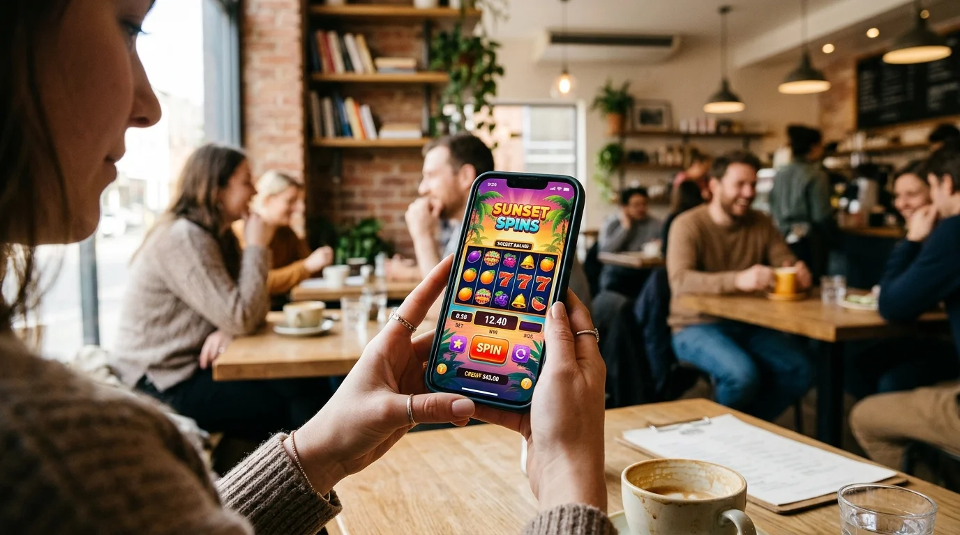 Tangan memegang smartphone yang menampilkan antarmuka game slot berwarna cerah